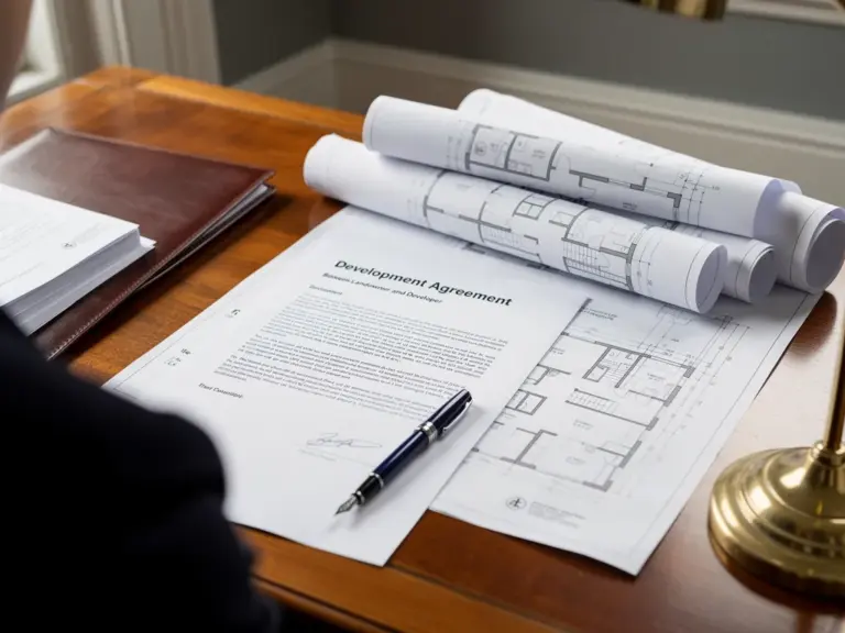 A signed legal contract alongside property development blueprints, representing a Section 106 planning agreement.